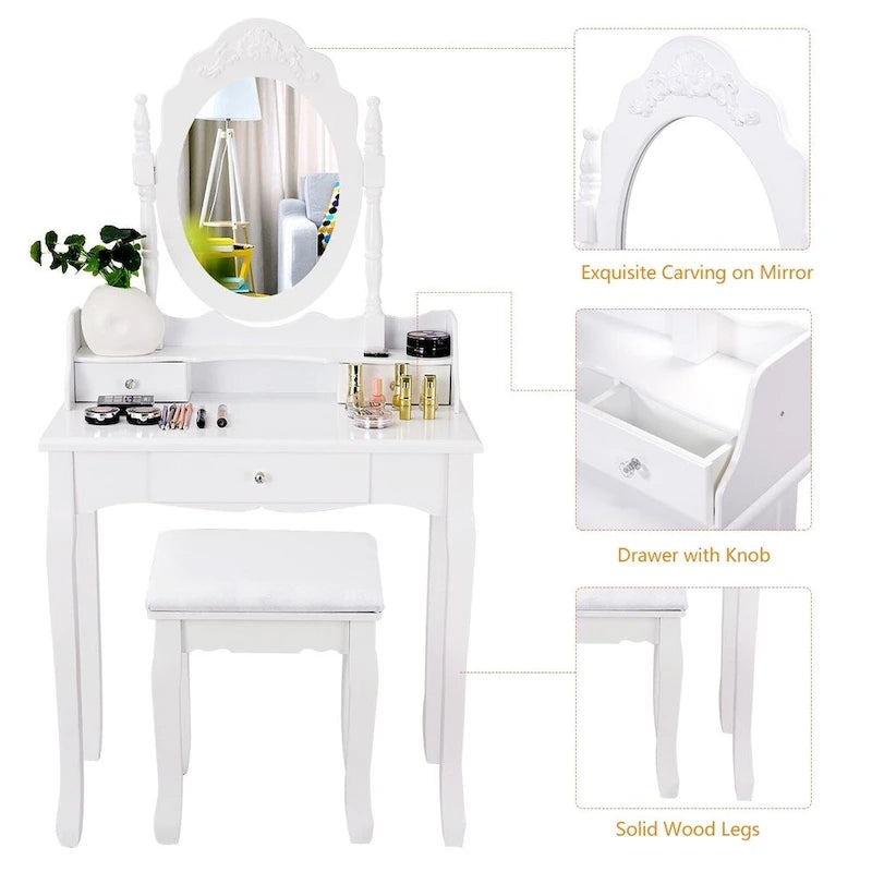 Ensemble coiffeuse en bois avec miroir et tabouret, noir/blanc
