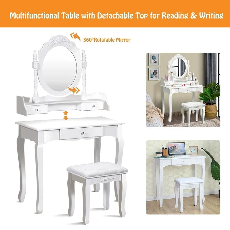 Ensemble coiffeuse en bois avec miroir et tabouret, noir/blanc