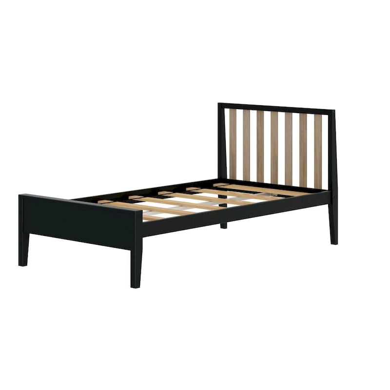 Lit scandinave à poutres et planches, taille simple, avec tête de lit à lattes.