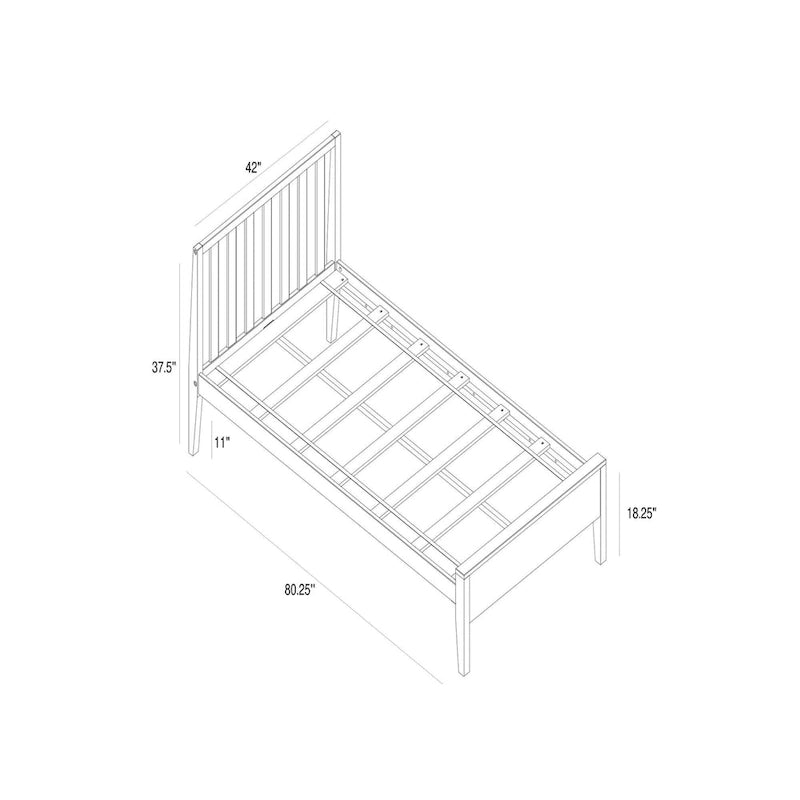 Lit scandinave à poutres et planches, taille simple, avec tête de lit à lattes.
