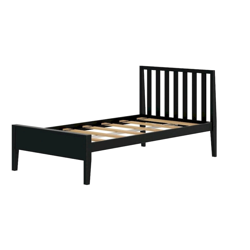 Lit scandinave à poutres et planches, taille simple, avec tête de lit à lattes.