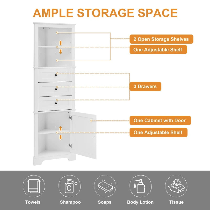 Armoire haute triangulaire à 3 tiroirs et étagères réglables, en MDF avec finition peinte