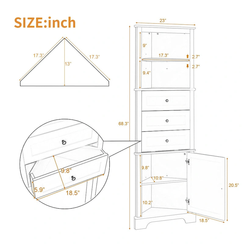Armoire haute triangulaire à 3 tiroirs et étagères réglables, en MDF avec finition peinte