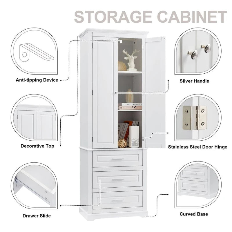 Armoire de rangement haute à trois tiroirs pour salle de bain blanche