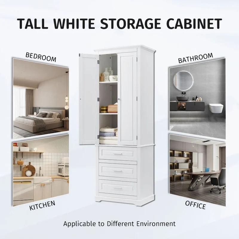 Armoire de rangement haute à trois tiroirs pour salle de bain blanche