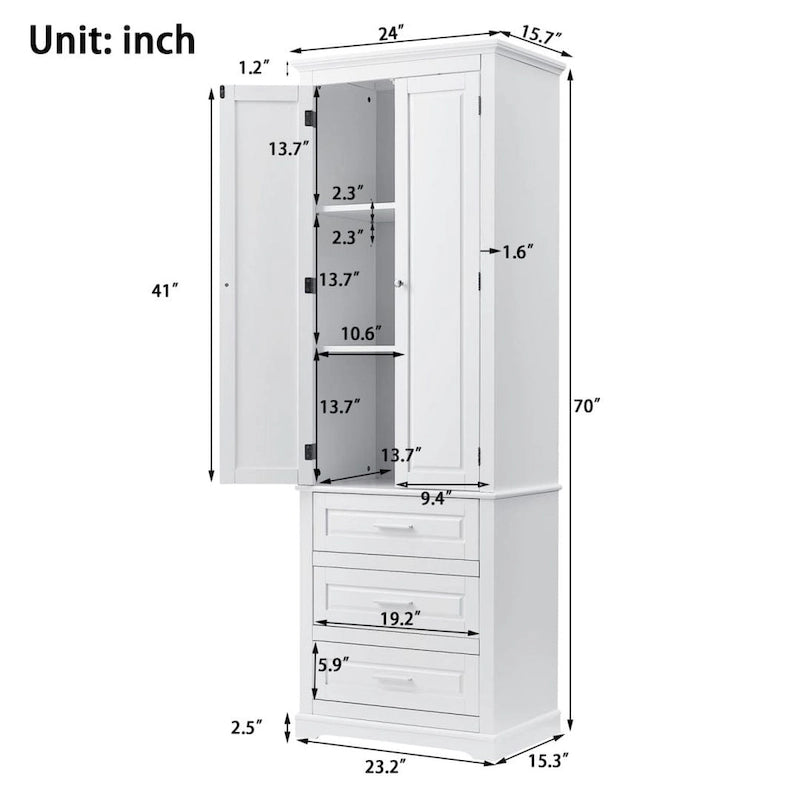 Armoire de rangement haute à trois tiroirs pour salle de bain blanche