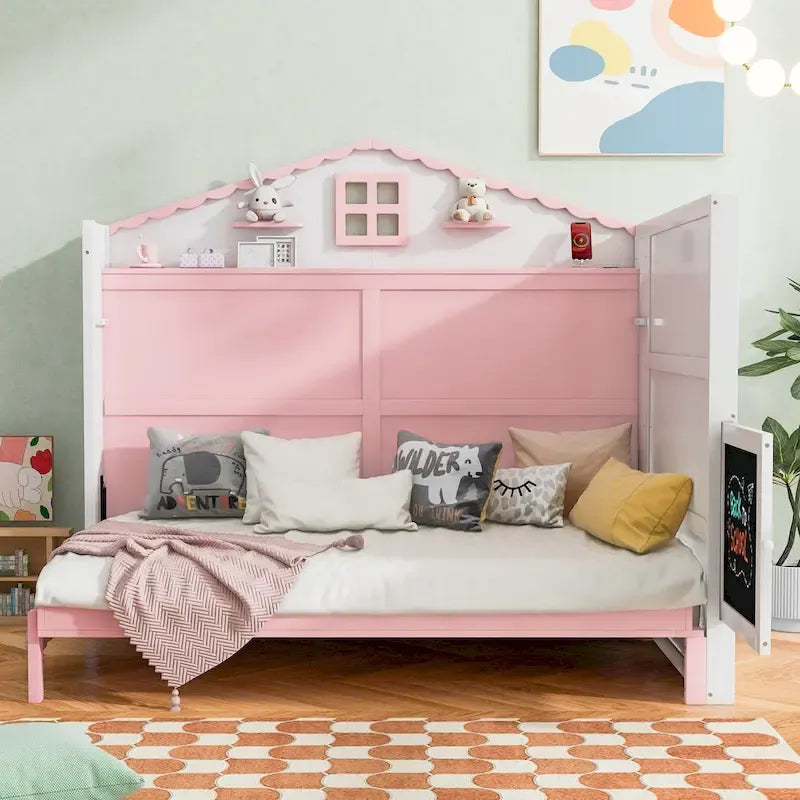 Lit escamotable en bois, taille standard, avec port USB, étagères de rangement et tableau noir, rose et blanc