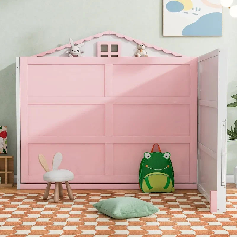 Lit escamotable en bois, taille standard, avec port USB, étagères de rangement et tableau noir, rose et blanc