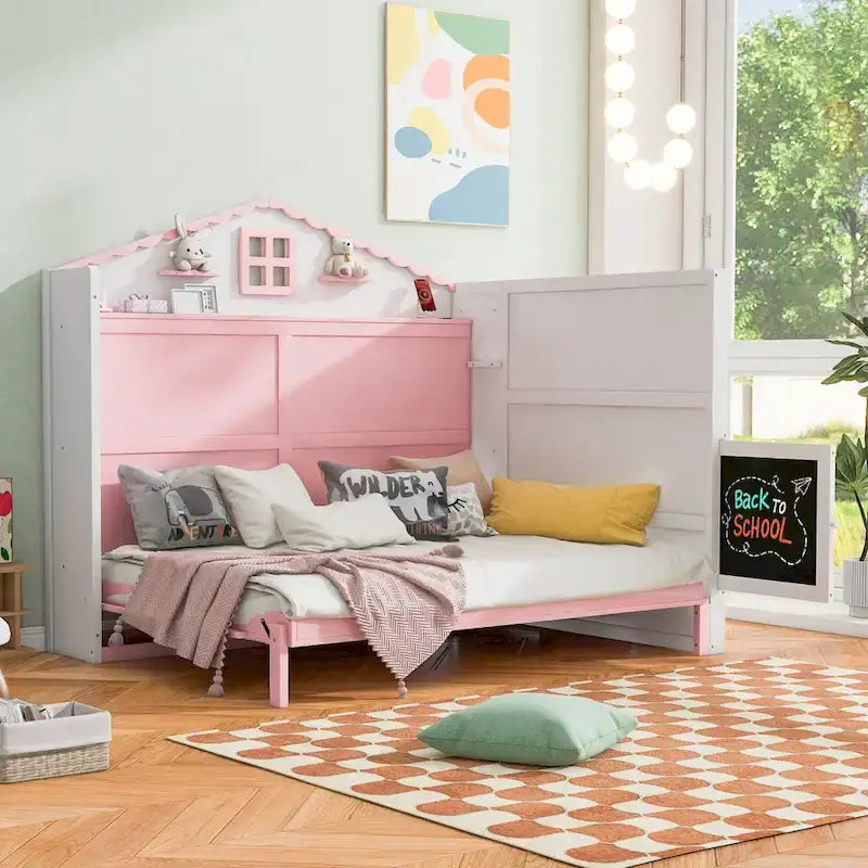 Lit escamotable en bois, taille standard, avec port USB, étagères de rangement et tableau noir, rose et blanc