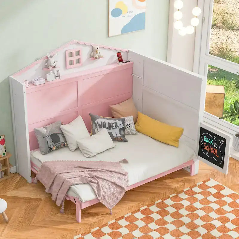Lit escamotable en bois, taille standard, avec port USB, étagères de rangement et tableau noir, rose et blanc