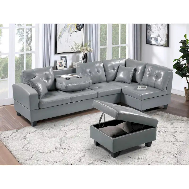 Ensemble canapé et pouf de rangement avec méridienne gauche en similicuir et pouf de rangement