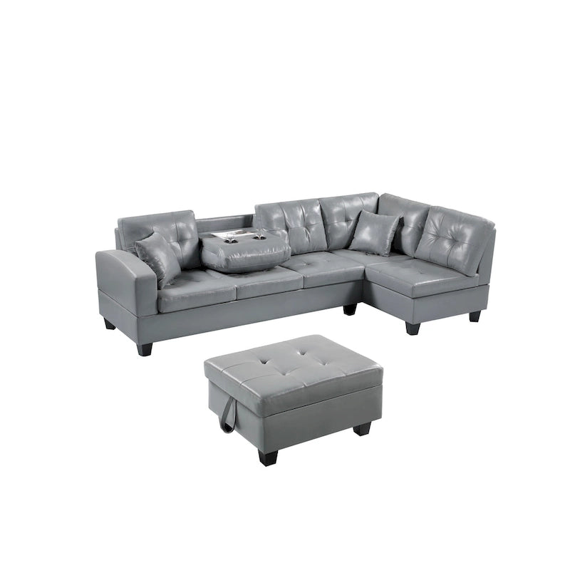 Ensemble canapé et pouf de rangement avec méridienne gauche en similicuir et pouf de rangement