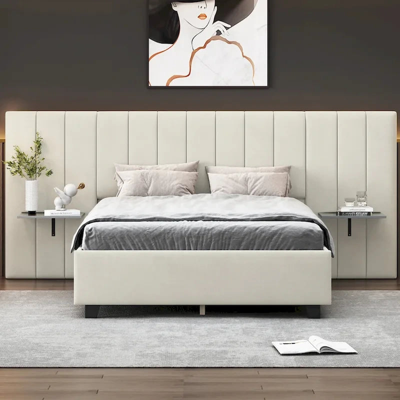 Lit plateforme rembourré double avec grande tête de lit, velours, beige