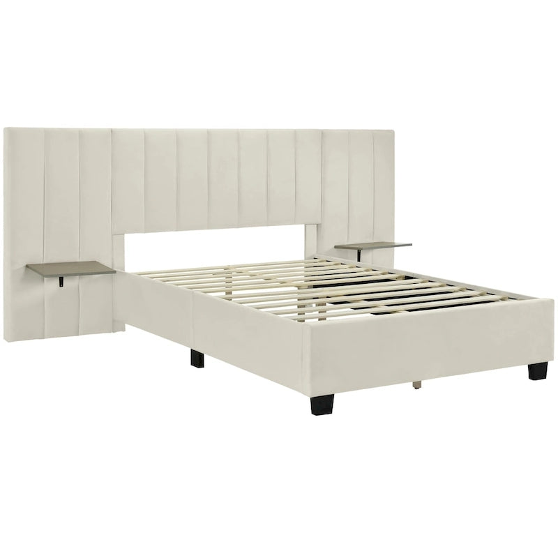 Lit plateforme rembourré double avec grande tête de lit, velours, beige