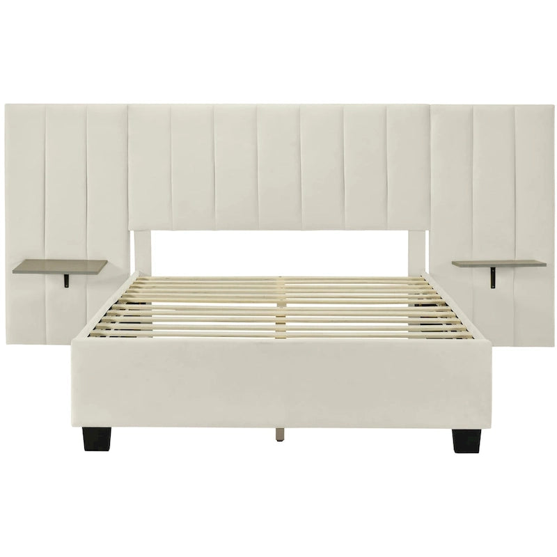 Lit plateforme rembourré double avec grande tête de lit, velours, beige