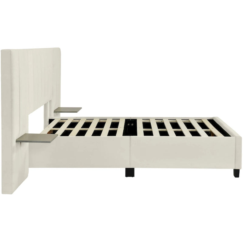 Lit plateforme rembourré double avec grande tête de lit, velours, beige