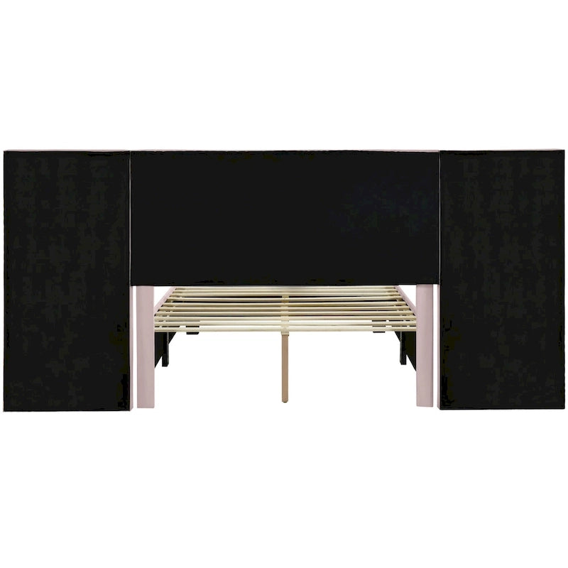 Lit plateforme rembourré double avec grande tête de lit, velours, beige