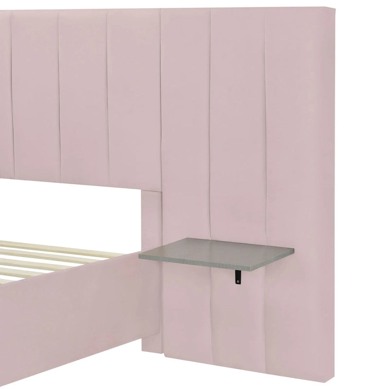 Lit plateforme rembourré double avec grande tête de lit, velours, beige