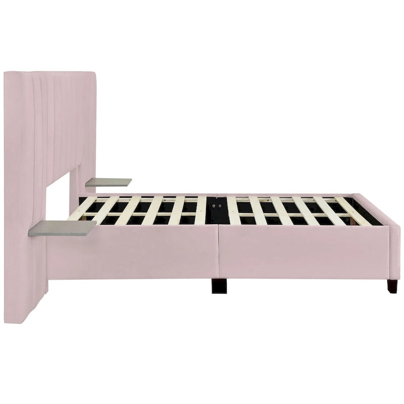 Lit plateforme rembourré double avec grande tête de lit, velours, beige