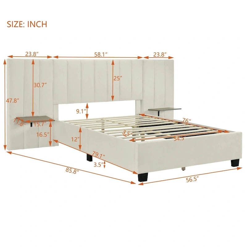 Lit plateforme rembourré double avec grande tête de lit, velours, beige