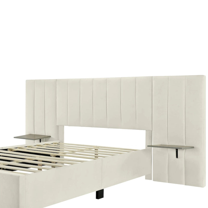 Lit plateforme rembourré double avec grande tête de lit, velours, beige