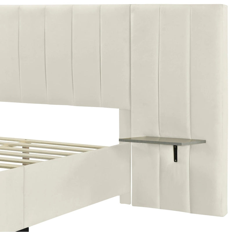 Lit plateforme rembourré double avec grande tête de lit, velours, beige