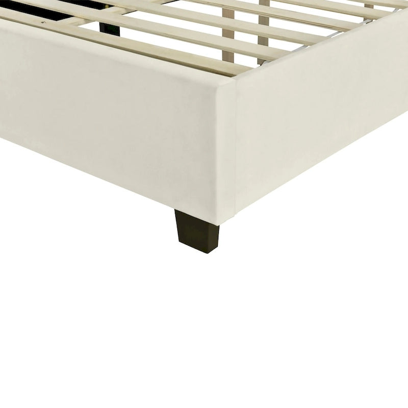 Lit plateforme rembourré double avec grande tête de lit, velours, beige