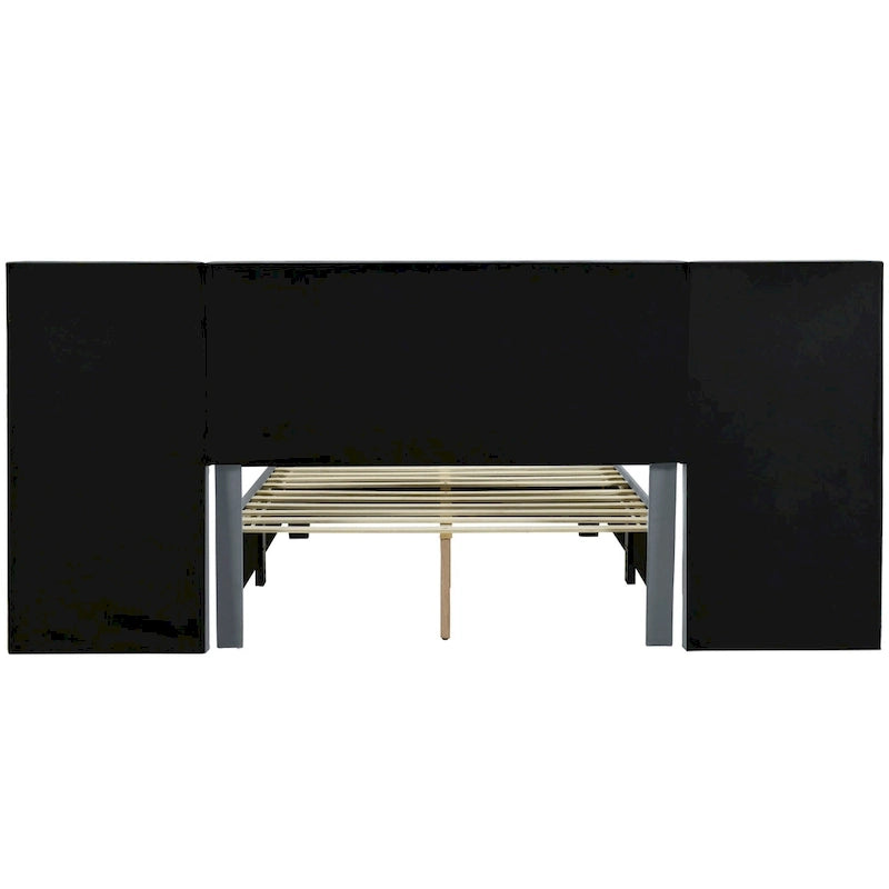 Lit plateforme rembourré double avec grande tête de lit, velours, beige