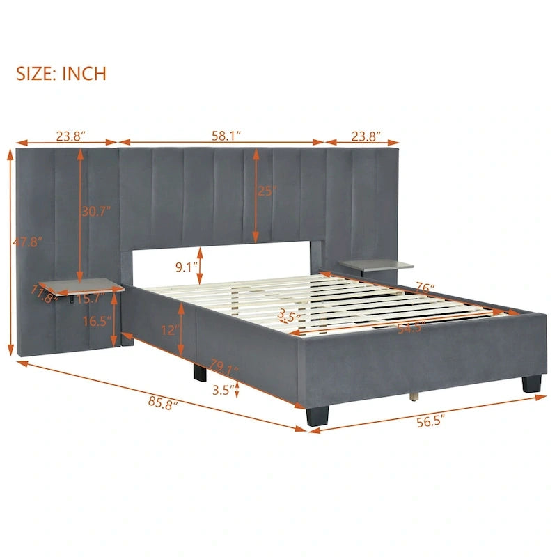 Lit plateforme rembourré double avec grande tête de lit, velours, beige
