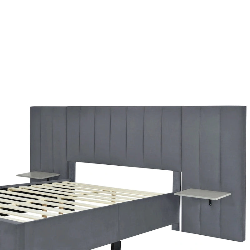 Lit plateforme rembourré double avec grande tête de lit, velours, beige
