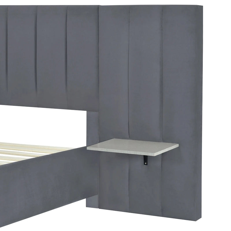 Lit plateforme rembourré double avec grande tête de lit, velours, beige