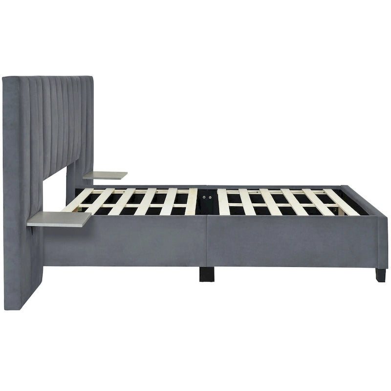 Lit plateforme rembourré double avec grande tête de lit, velours, beige