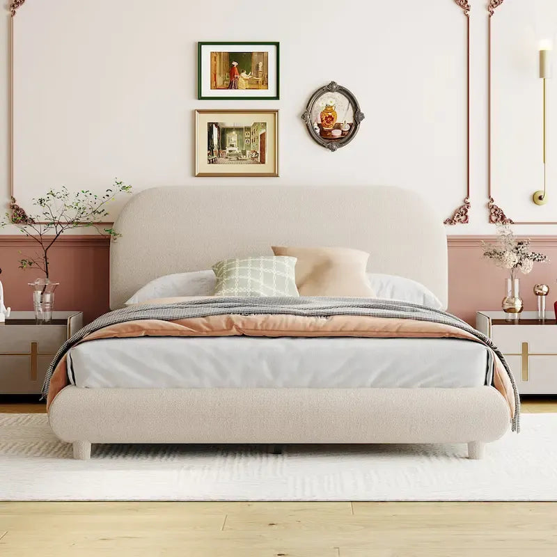 Lit plateforme rembourré en polaire Teddy, taille standard, avec tissu épais, cadre robuste et design élégant aux formes arrondies, beige