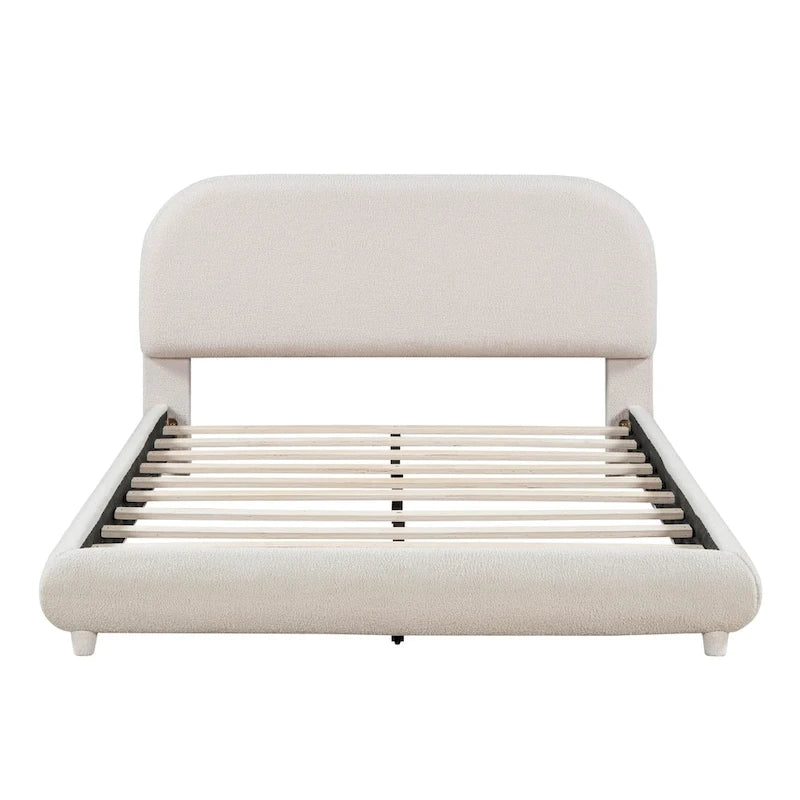 Lit plateforme rembourré en polaire Teddy, taille standard, avec tissu épais, cadre robuste et design élégant aux formes arrondies, beige