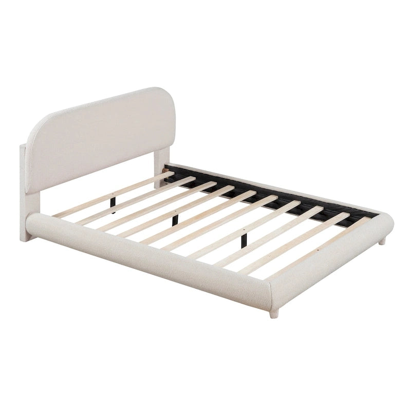 Lit plateforme rembourré en polaire Teddy, taille standard, avec tissu épais, cadre robuste et design élégant aux formes arrondies, beige