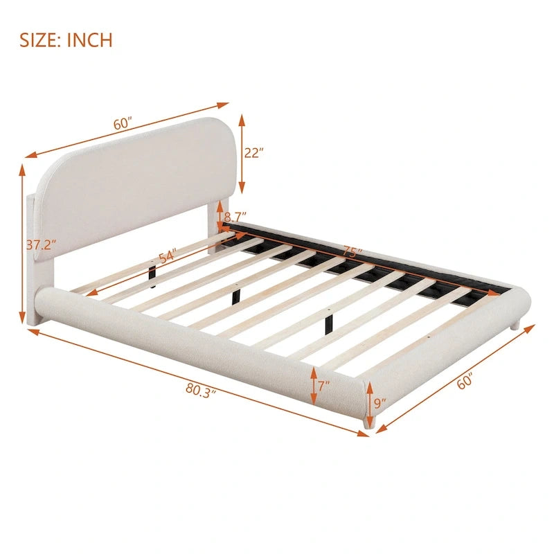 Lit plateforme rembourré en polaire Teddy, taille standard, avec tissu épais, cadre robuste et design élégant aux formes arrondies, beige