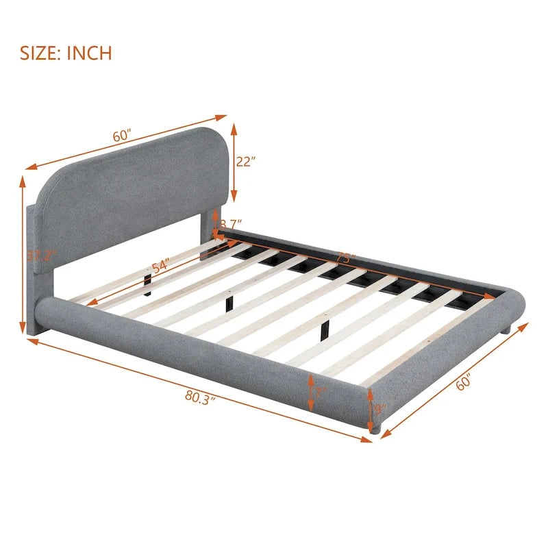 Lit plateforme rembourré en polaire Teddy, taille standard, avec tissu épais, cadre robuste et design élégant aux formes arrondies, beige