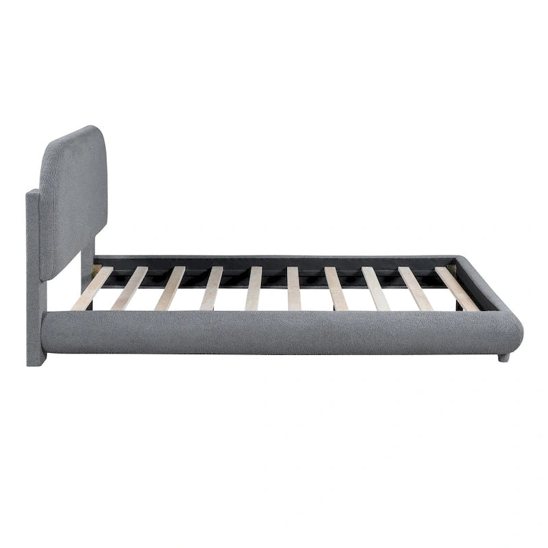 Lit plateforme rembourré en polaire Teddy, taille standard, avec tissu épais, cadre robuste et design élégant aux formes arrondies, beige