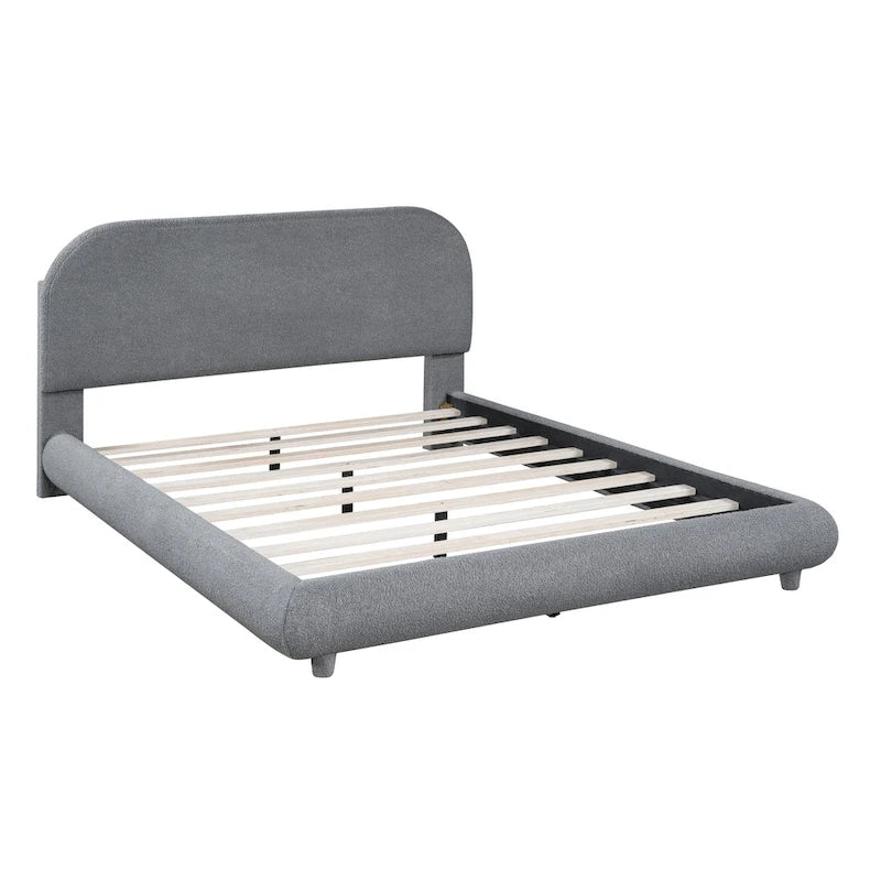 Lit plateforme rembourré en polaire Teddy, taille standard, avec tissu épais, cadre robuste et design élégant aux formes arrondies, beige