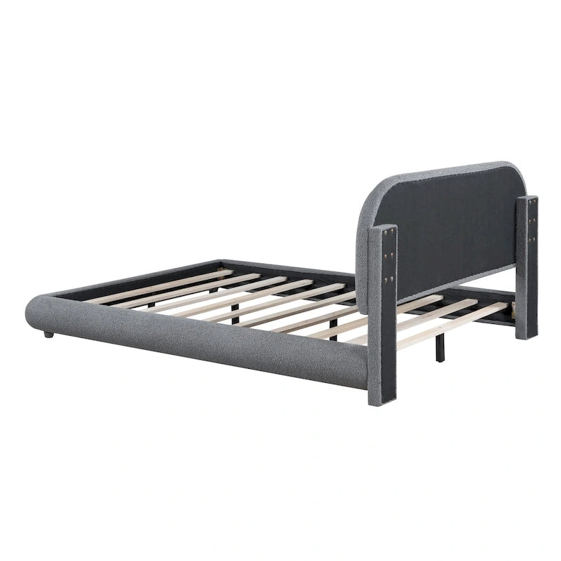 Lit plateforme rembourré en polaire Teddy, taille standard, avec tissu épais, cadre robuste et design élégant aux formes arrondies, beige