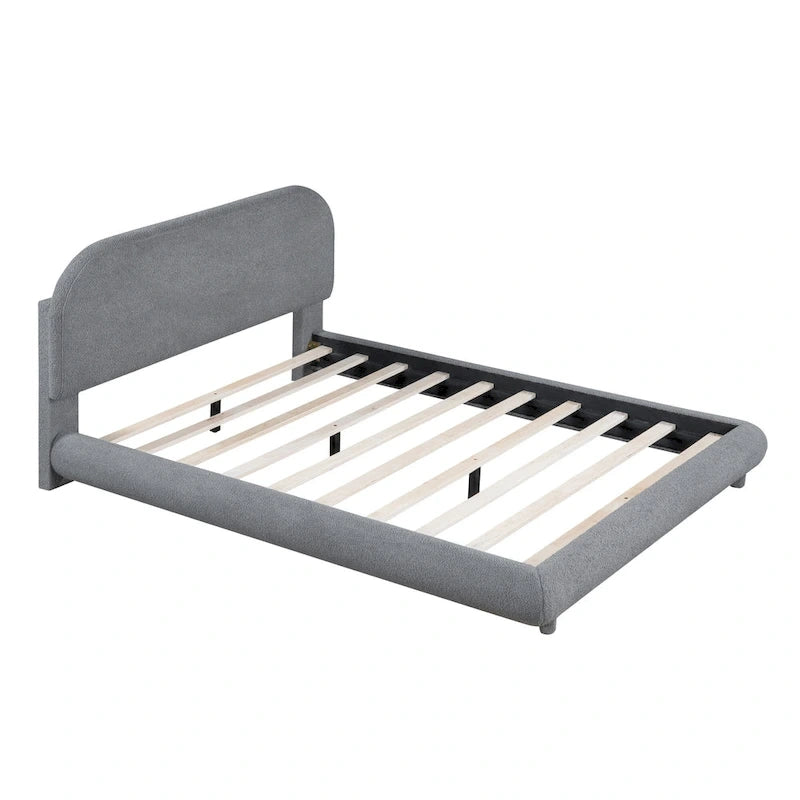 Lit plateforme rembourré en polaire Teddy, taille standard, avec tissu épais, cadre robuste et design élégant aux formes arrondies, beige
