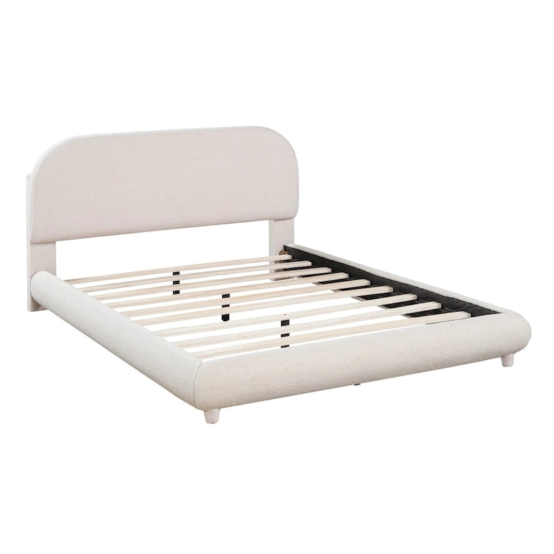 Lit plateforme rembourré en polaire Teddy, taille standard, avec tissu épais, cadre robuste et design élégant aux formes arrondies, beige
