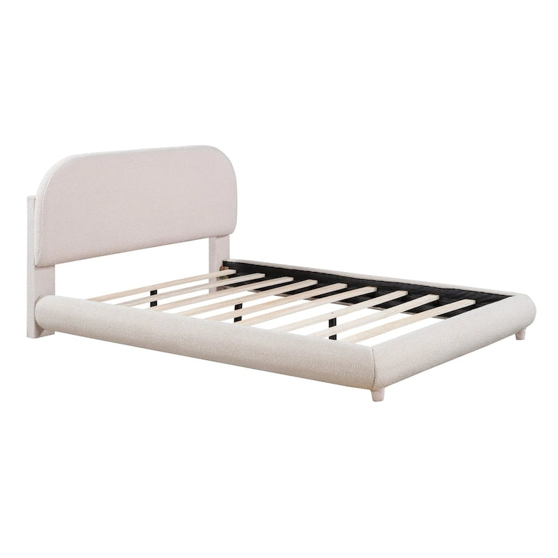 Lit plateforme rembourré en polaire Teddy, taille standard, avec tissu épais, cadre robuste et design élégant aux formes arrondies, beige