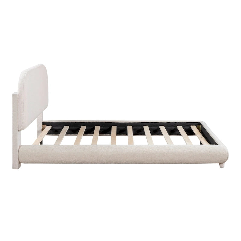 Lit plateforme rembourré en polaire Teddy, taille standard, avec tissu épais, cadre robuste et design élégant aux formes arrondies, beige