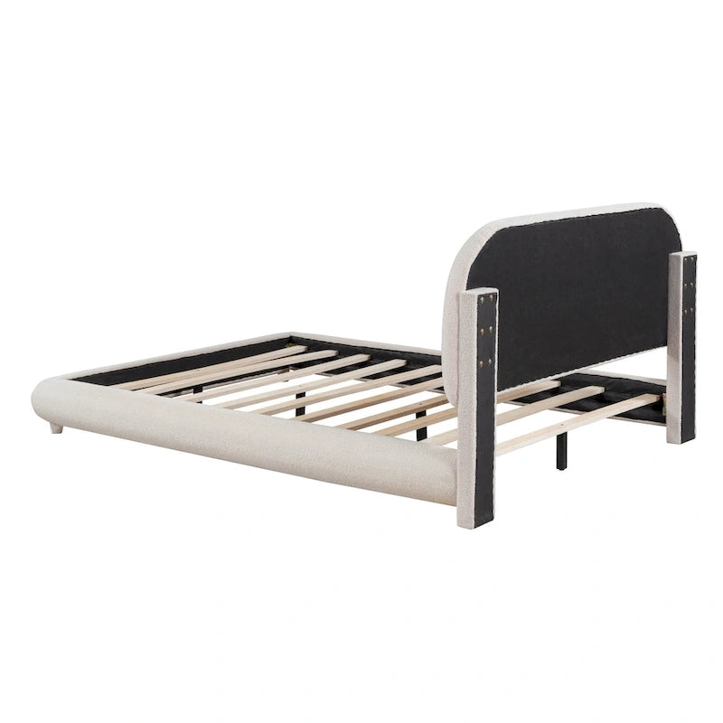 Lit plateforme rembourré en polaire Teddy, taille standard, avec tissu épais, cadre robuste et design élégant aux formes arrondies, beige