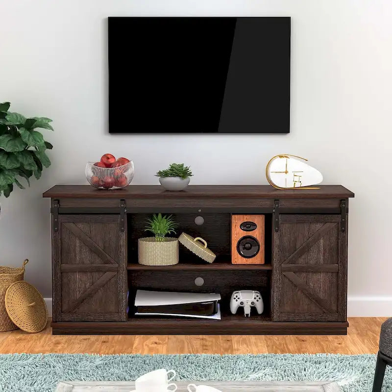 Meuble TV 2 étagères pour téléviseurs de 43 à 65 pouces. Style simple et moderne, inspiré des portes de grange rustiques, idéal pour ranger des objets.