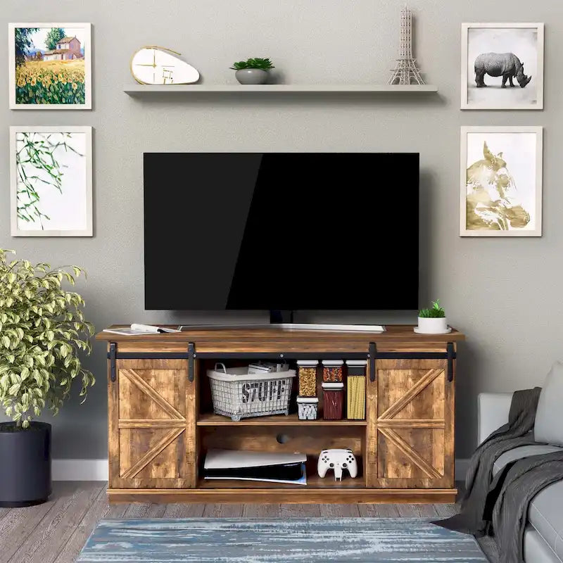 Meuble TV 2 étagères pour téléviseurs de 43 à 65 pouces. Style simple et moderne, inspiré des portes de grange rustiques, idéal pour ranger des objets.