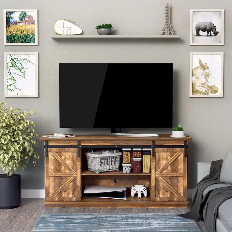 TV Stand 2 -shelf for TVs 43 up to 65. Simple living and Modern Mid-century, farmhouse barn door -easy to store something