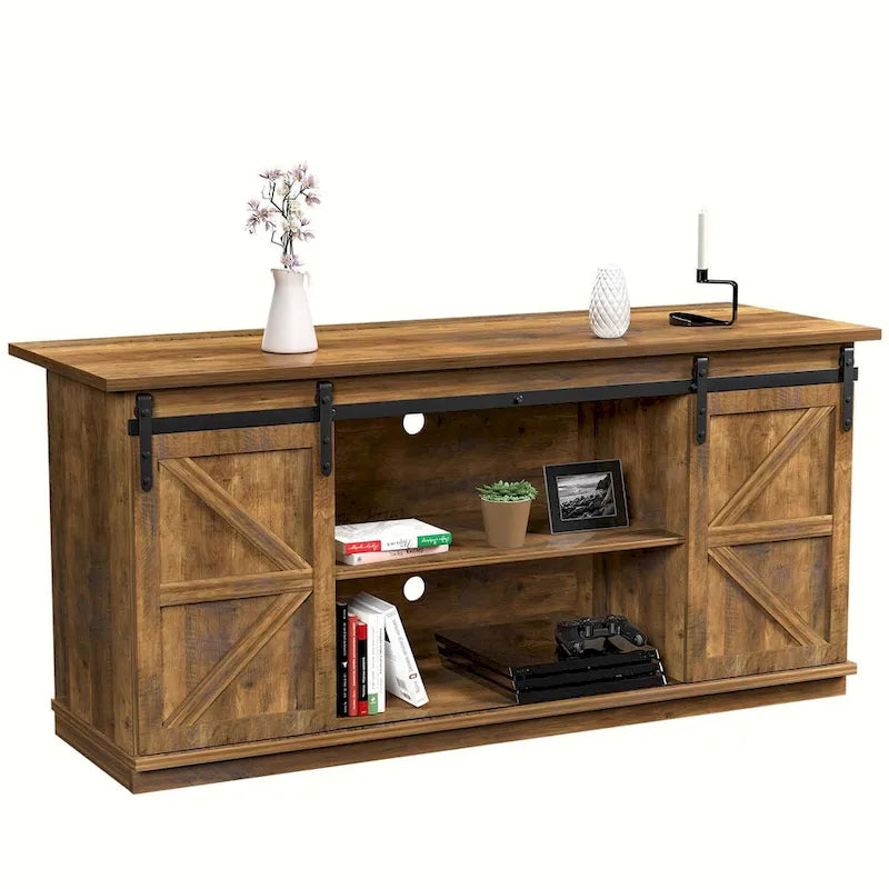 Meuble TV 2 étagères pour téléviseurs de 43 à 65 pouces. Style simple et moderne, inspiré des portes de grange rustiques, idéal pour ranger des objets.