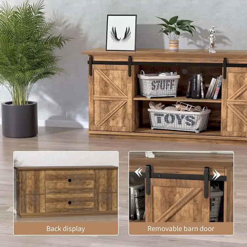 Meuble TV 2 étagères pour téléviseurs de 43 à 65 pouces. Style simple et moderne, inspiré des portes de grange rustiques, idéal pour ranger des objets.